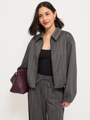 Grey Herringbone Long Sleeves Striped Bomber Jacket