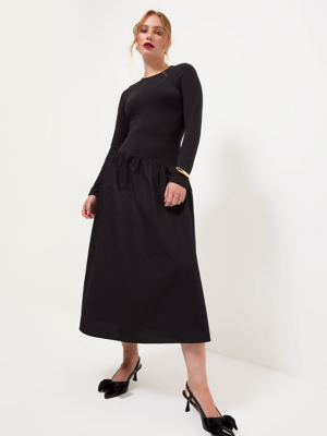Black Long Sleeve Drop Hem Midi Dress | Women