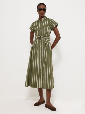 Green Striped Short Sleeve Shirt Midi Dress | Women
