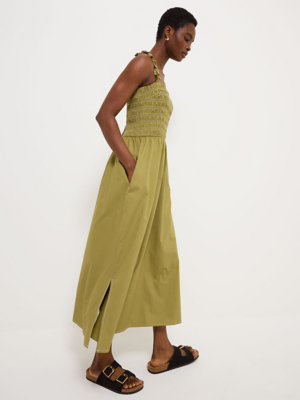 Olive Green Shirred Sleeveless Poplin Midi Dress | Women | George at ASDA