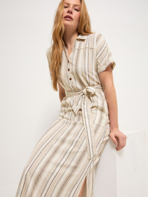 Stone Striped Midi Shirt Dress with Linen | Women | George at ASDA