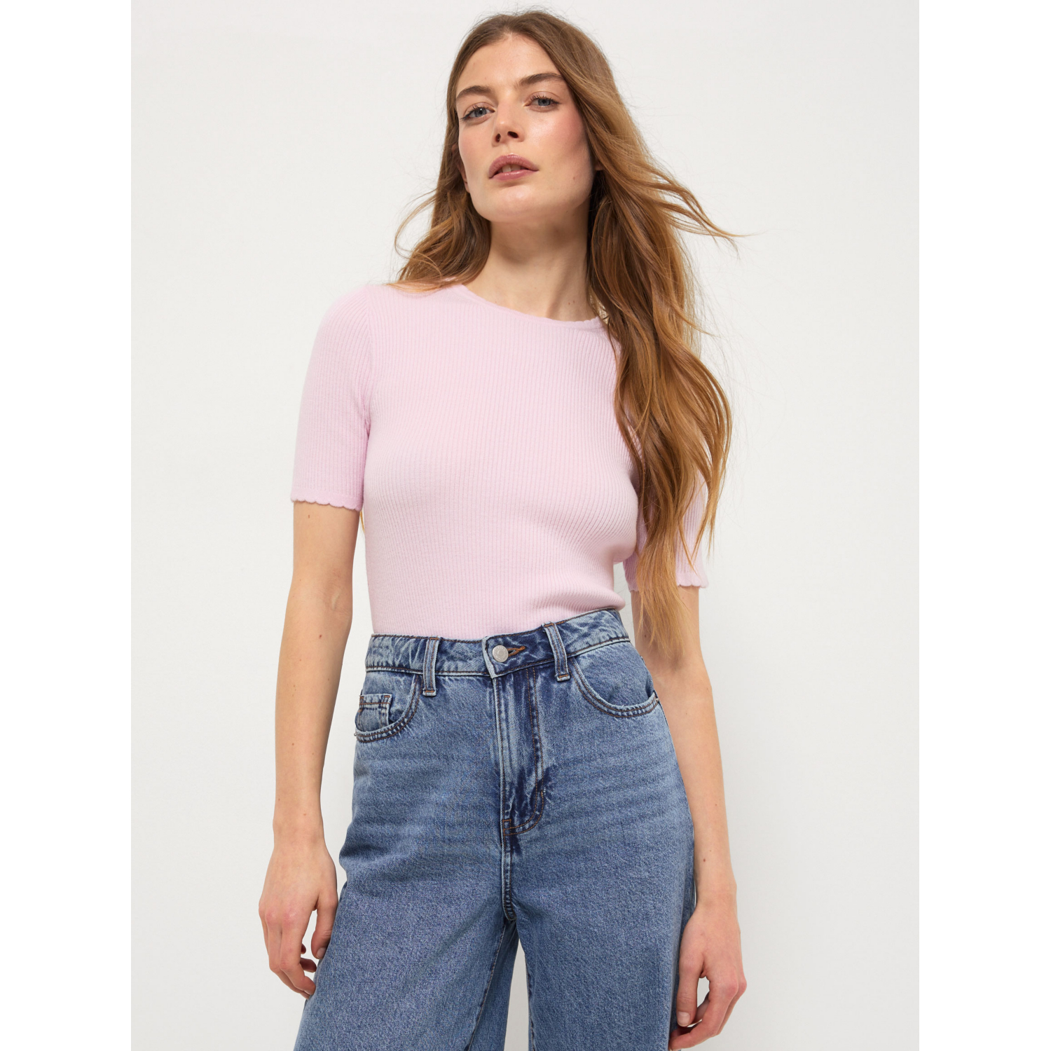 George Women's Pink Scallop Edge Striped Soft Ribbed T Shirt