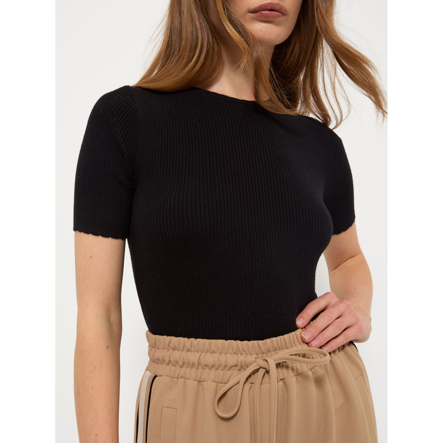 George Women's Black Scallop Edge Striped Soft Ribbed T Shirt