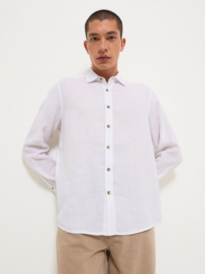 White Linen Blend Long Sleeve Shirt