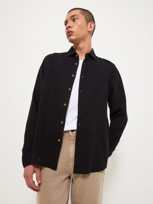 Black Linen Blend Long Sleeve Shirt