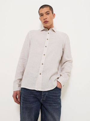 Stone Linen Blend Long Sleeve Shirt