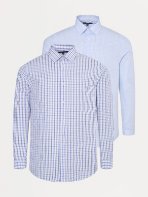 Blue Checked Long Sleeve Regular Fit Shirts 2 Pack