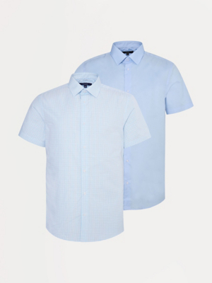Blue Check & Plain Short Sleeve Regular Shirt 2 Pack