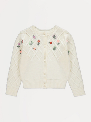 Cream Flower Embroidered Argyle Cardigan