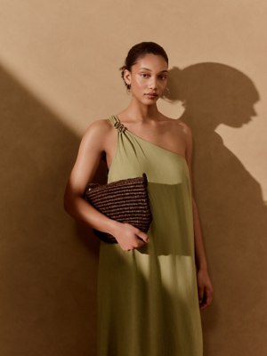 Green One Shoulder Midi Dress with Linen | Women | George at ASDA