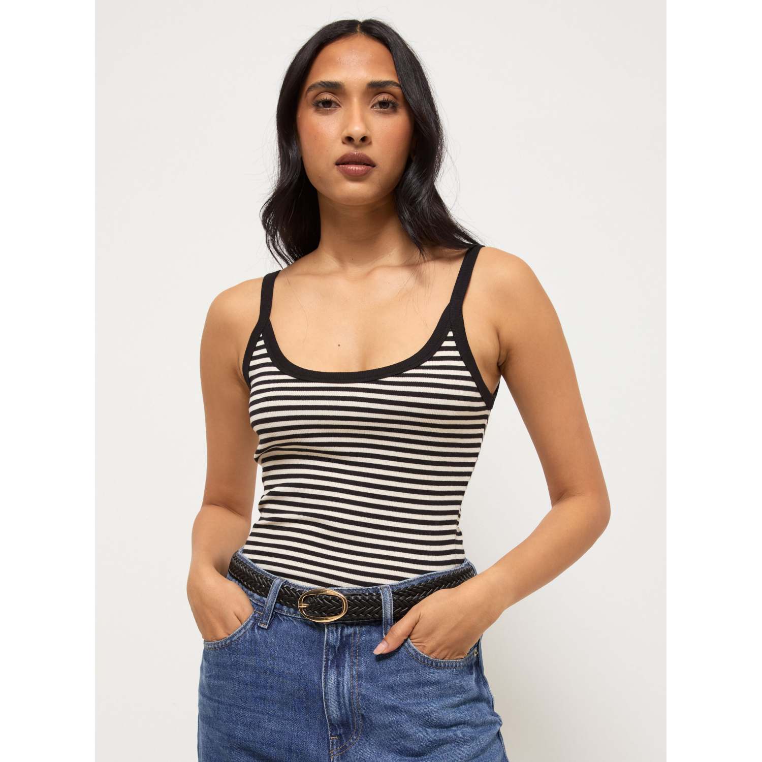 George Women's White,Black Striped Ribbed Cami Top - White/Black