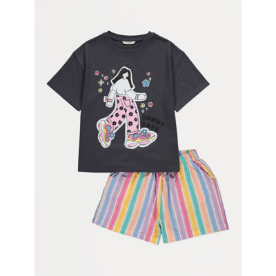 George Girl Graphic T Shirt and Striped Woven Shorts Outfit - Green