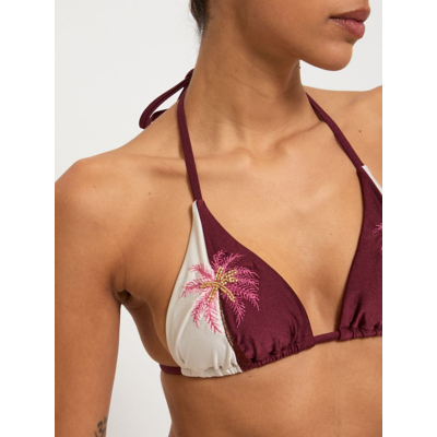 George Palm Tree Embroidered Colour Block Triangle Bikini - Chocolate Brown