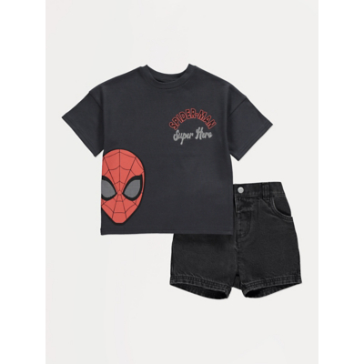 George Marvel Spider-Man T-shirt and Denim Shorts Outfit - Charcoal Grey