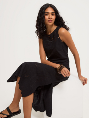 Black Embroidered Woven Midi Dress | Women
