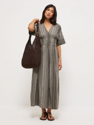 asda ladies dresses Khaki Jacquard Striped Midi Dress | Women asda ladies clothes new in