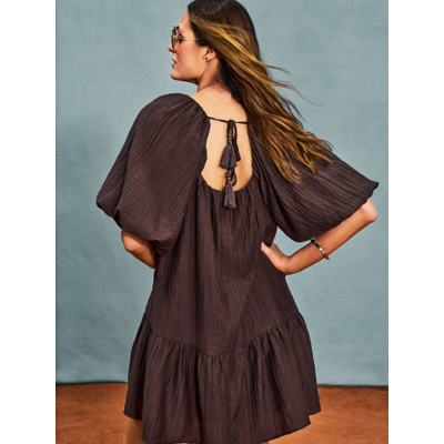 George Chocolate Brown Textured Puff Sleeve Mini Dress