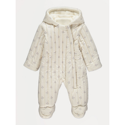 George Neutral Ditsy Floral Thick Ribbed Pramsuit - Cream