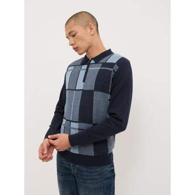 George Navy Patchwork Knitted Zip Neck Long Sleeve Polo