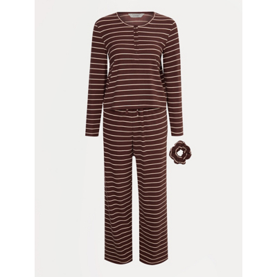 George Chocolate Striped Henley Long Sleeve Pyjamas and Scrunchie - Chocolate Brown