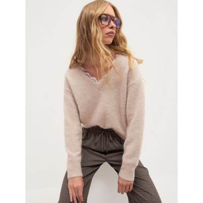 George Cream V Neck Lace Trim Knitted Jumper