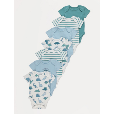 George Dino Stripe Short Sleeve Bodysuits 7 Pack - Green