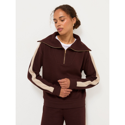 George Burgundy Side Stripe Zip Neck Co Ord Sweatshirt - Chocolate Brown