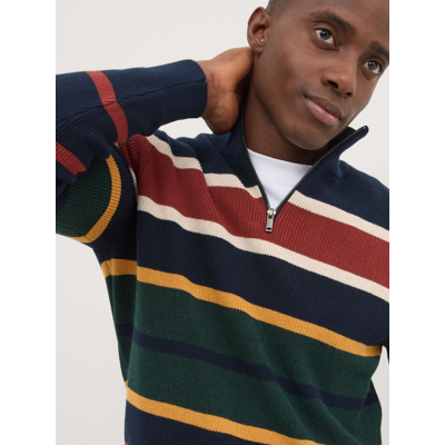 George Navy Striped Quarter Zip Knitted Jumper - Multi