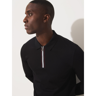 George Studio Edit Black Zip Neck Long Sleeve Supima Polo Top
