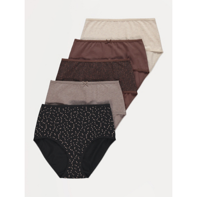 George Neutral Heart Leopard Print Full Brief Knickers 5 Pack - Brown