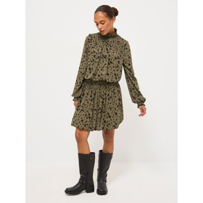 George Olive Dalmatian Print Balloon Sleeve Shirred Mini Dress - Olive Green