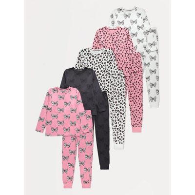 George Leopard Print Bow Pyjamas 5 Pack - Pink