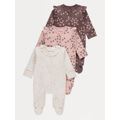 George Flower Dotty Zip Fasten Sleepsuits 3 Pack - Chocolate Brown