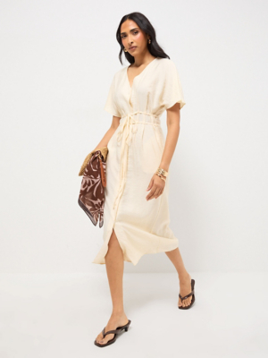 Stone Linen Blend Short Sleeve Mini Shirt Dress | Women | George at ASDA