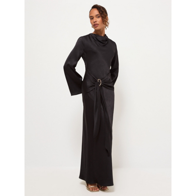 George Black Long Sleeve Side Buckle Satin Maxi Dress