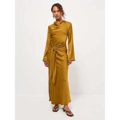 George Yellow Long Sleeve Side Buckle Satin Maxi Dress