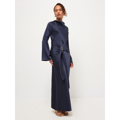 George Navy Long Sleeve Side Buckle Satin Maxi Dress