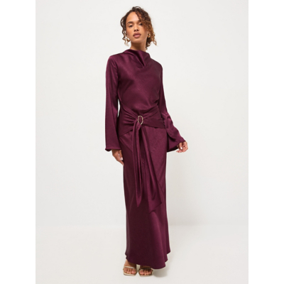 George Burgundy Long Sleeve Side Buckle Satin Maxi Dress