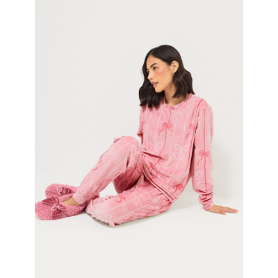 George Tickled Pink Bow Fleece Long Sleeve Womens Matching Pyjamas