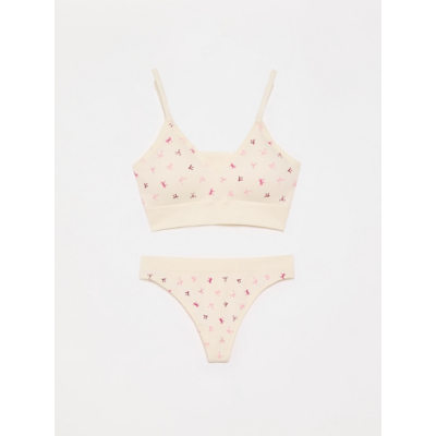 George Tickled Pink Bow Print Seamfree Bralette and Thong Set - Ivory