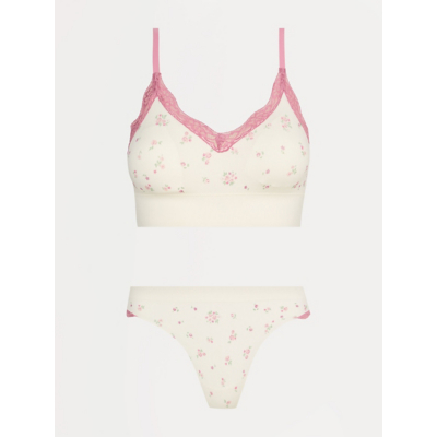 George Cream Floral Lace Trim Bra and Thong Set - Ivory