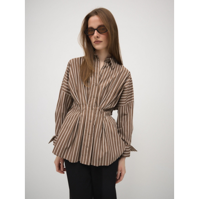 George Brown Striped Cinched Waist Shirt - Chocolate Brown