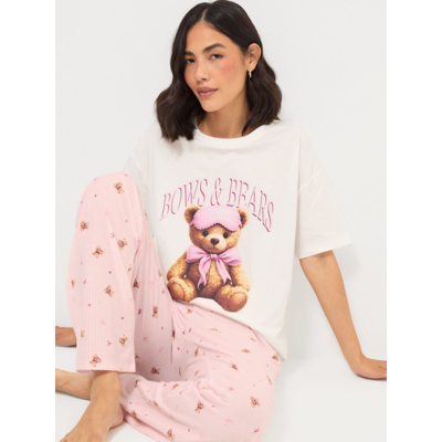 George Tickled Pink Bows and Bears T-Shirt Womens Matching Pyjamas - Cream