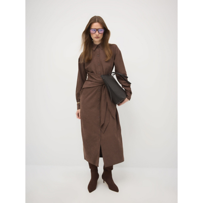 George Brown Striped Side Tie Shirt Midi Dress
