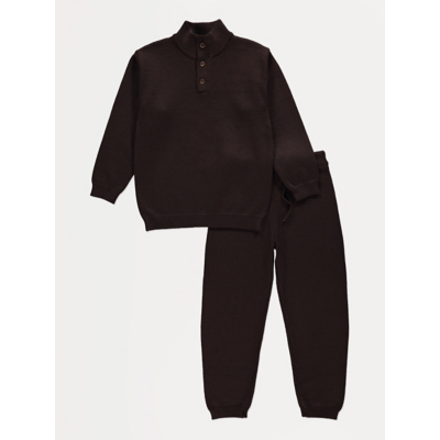 George Chocolate Knitted Button Neck Top and Trousers Set - Chocolate Brown