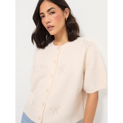 George Cream Tickled Pink Bead Bow Cardigan with Wool