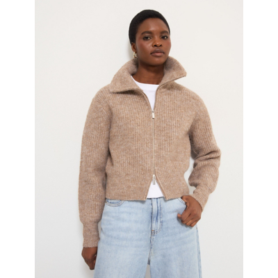 George Taupe Funnel Zip Neck Chunky Knitted Cardigan with Wool