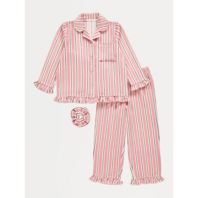 George Tickled Pink Stripe Velour Frill Shirt Long Sleeve Kids Matching Pyjamas and Scrunchie