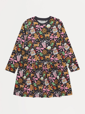 Christmas Charcoal Festive Print Long Sleeve Dress | Kids