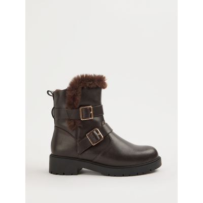 George Chocolate Brown Faux Fur Lined Buckle Boots